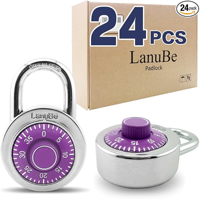 LanuBe Standard Dial Combination Lock, 2 inches. Wide, with Different Combinations, Purple Turnplate, Pack of 24; Lock for School, Employee, Gym Sports Locker, Case, Toolbox