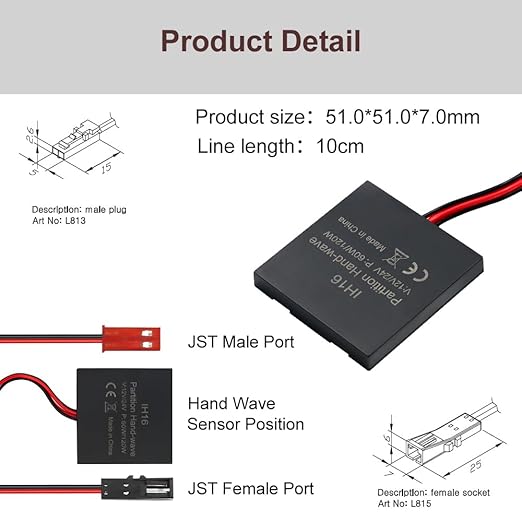 VST Sensor Switch, Hidden Hand Wave Activated Led Light Switch for Closet Lights, Under Cabinet Lighting, with 12V JST Male and Female Connectors（DC 12/24V 3A