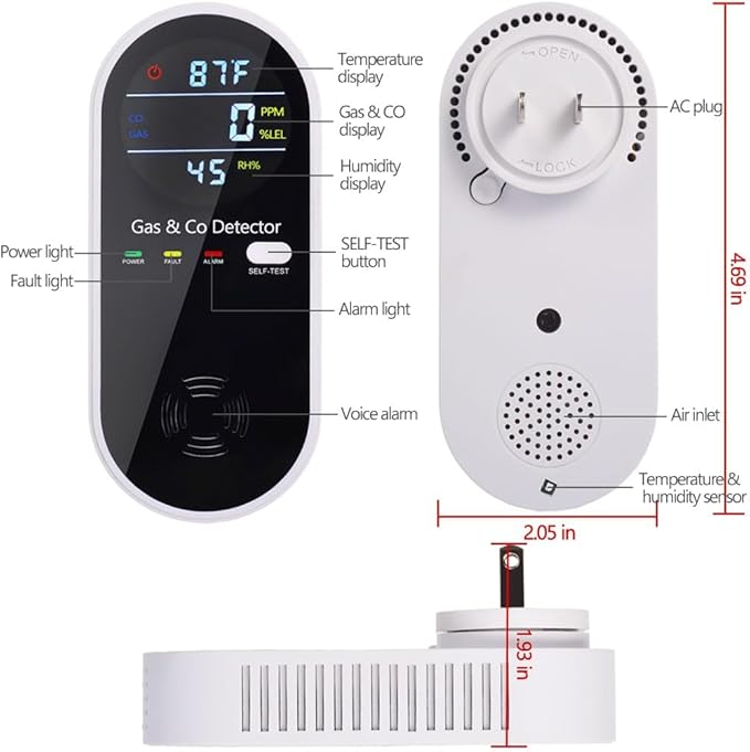 Plug in Carbon Monoxide and Natural Gas Detector, Combination Gas & Carbon Monoxide Detectors for Travel with Temperature Humidity Display, 4 in 1 CO and Gas Detector for Home/Travel(1 Pack)