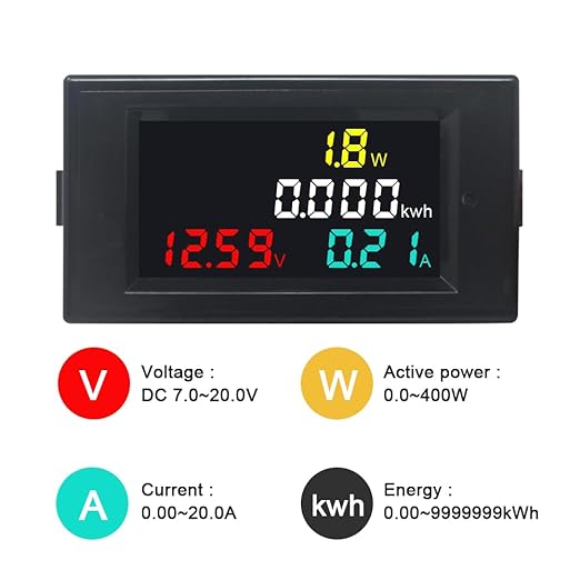 KETOTEK DC 7-20V 20A Voltmeter Ammeter, 4 in 1 Multimeter Panel Kwh Amp Watt Volt Meter, Digital DC Power Meter Current Meter Energy Monitor with Built-in Shunt