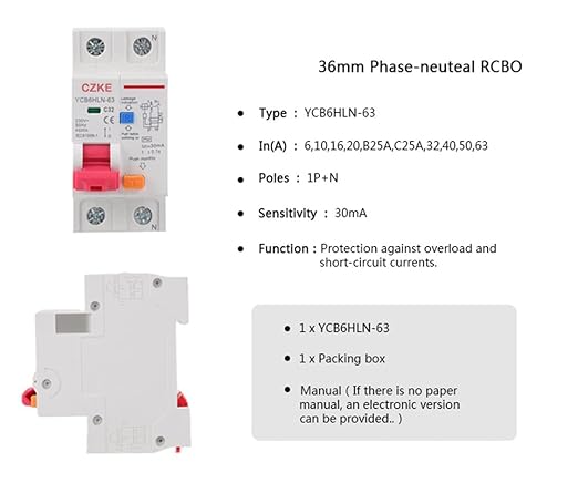 CZKE 30mA RCBO MCB 230V 50/60 Hz Residual Current Circuit Breaker with Over Current and Leakage Protection 6/10/16/20/25/32/40A (Color : 1P N, Size : C25A)