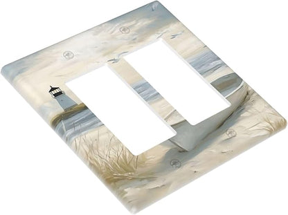 Decorative Outlet Covers Seascape Painting with Lighthouse Boats 2 Gang Wall Plate Double Rocker Light Switch Cover Double Switch Plate Cover for Bedroom Home Decor（2 Pack）