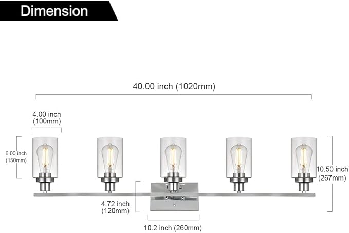 MELUCEE Modern Vanity Lights for Bathroom 5 Lights Chrome Finish with Clear Glass Shade, Contemporary Metal Wall Light Fixtures for Dressing Table Mirror Cabinets (Patent No.: US D963914 S)