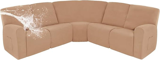 Easy-Going 100% Waterproof Recliner Cover, Stretch Couch Covers for Reclining Couches, Extra Large Sectional Sofa Slipcover, L-Shape Furniture Protector for Kids & Pets, 5 Seater, Camel