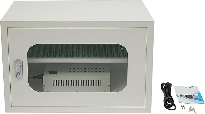 20 Device Charging Station Cabinet with Lock - 200W Multi-Port US Outlet for Phones & Tablets - Wall Mount/Desktop Secure Charging Locker for Schools, Gyms, Hotels - Tempered Glass Door (5V/2A Port)