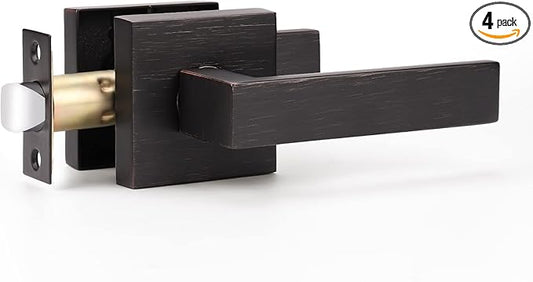 KNOBWELL 4 Pack Passage Door Handle Interior, Oil Rubbed Bronze Door Handles for Closet/Hallway Without Lock, Pull Only Square Door Knob with Levers