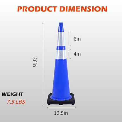 4 Pack 36 Inch Blue Traffic Cones Black Base, Tall Durable Safety Cones for Driveway Control, Event Organization, Construction Zones (4, Blue, 36 Inch)