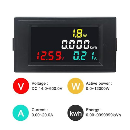 KETOTEK Voltmeter Ammeter DC 14-600V 20A, 4 in 1 Multimeter Panel Kwh Volt Amp Watt Meter, Digital Power Meter Energy Monitor DC Current Meter with Built-in Shunt