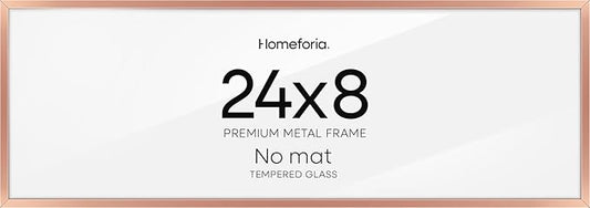 Homeforia 8x24 Panoramic Frame Rose Gold, High End Metal 8 x 24 Picture Frames without Mat, 24x8 Hanging Rose Gold Poster Frames for Wall, 8by24 Display Photo Frame, Tempered Glass, Wall Kit, Set of 1