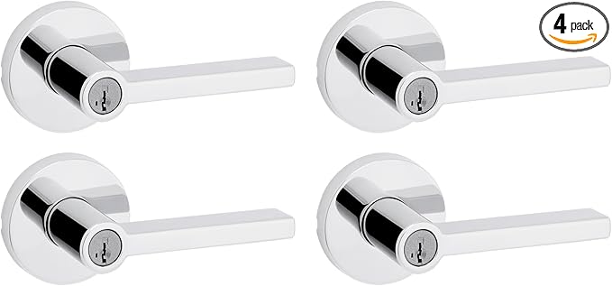 Kwikset Halifax Entry Door Handle with Lock and Key, Secure Keyed Reversible Lever Exterior, for Front Entrance and Bedrooms, Polished Chrome, 4 Pack, Pick Resistant SmartKey Rekey Security