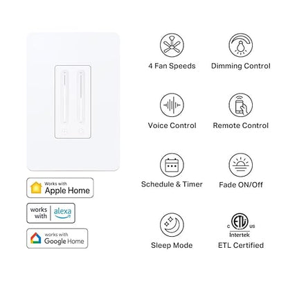 Kasa Smart Ceiling Fan Control & Dimmer Switch | Adjustable 4-Speed Fan & Brightness Control | Works w/Apple HomeKit, Alexa & Google Home | 2.4G Wi-Fi Only, Single Pole, Neutral Wire Required | KS240