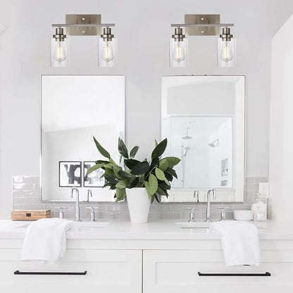 MELUCEE Metal Wall Lights with Clear Glass Shade 2 Heads Bathroom Light Fixtures Brushed Nickel Modern Vanity Lights Sconces for Hallway Bedroom Kitchen (Patent No.: US D963914 S)