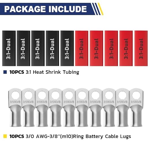 haisstronica 10pcs 3/0 AWG - 3/8"(M10) Tinned Copper Battery Lugs, Heavy Duty Wire Lugs with 10pcs 3:1 Adhesive Heat Shrink Tubing, 000 Gauge Wire Lugs, Tinned Copper Battery Cable Ends