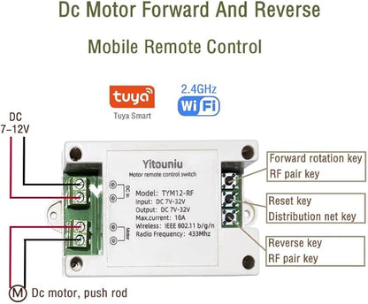 Tuya Smart WiFi/Bluetooth DC Motor Controller 10A 7-32V Reversible Switch with Timer, Voice Control for Electric Actuators, Smart Home (Alexa Compatible)
