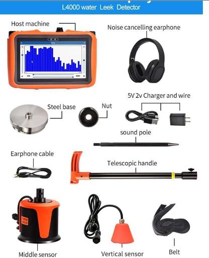 PQWT L4000 Underground Water Leak Detectors Indoor Outdoor Wall Water Pipe Detector Machine Multi Sensor Acoustic Pipeline Leakage Detection Kit Noise Reduction Headphone Smart Touchscreen Carry Case