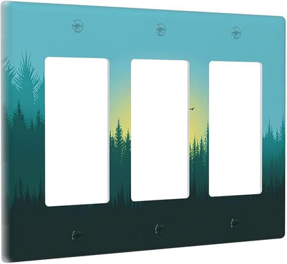 Green Forests And Birds Sun Woodland Light Switch Covers 3 Gang Rocker Decorative Triple Outlet Wall Plate Cover Electrical GFCI Switchplate for Bedroom Bathroom Decor