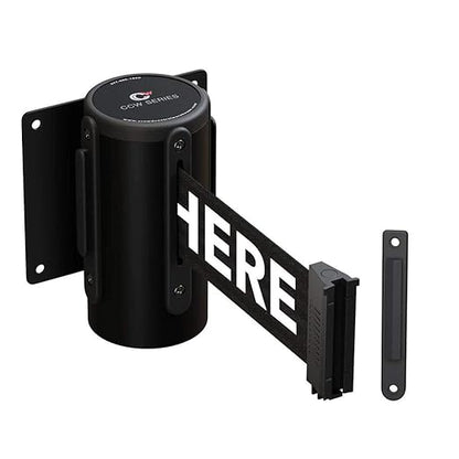 Crowd Control Warehouse - CCW Series WMB-120 Fixed Wall Mount Retractable Belt Barrier - 11 Foot, Black"Please Wait HERE" Belt with Black Steel Case, Crowd Control Barriers