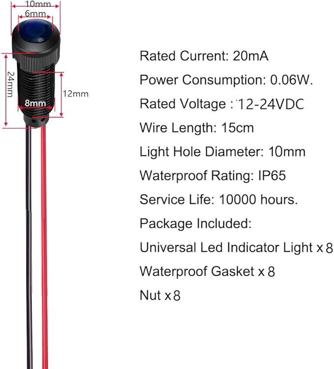 8pcs Blue LED Indicator Pilot Light AC/DC 12-24V Mounting Hole Size 8mm(Flame Retardant Plastic Shell)