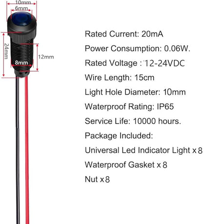 8pcs Blue LED Indicator Pilot Light AC/DC 12-24V Mounting Hole Size 8mm(Flame Retardant Plastic Shell)