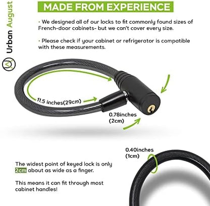 Urban August Child-Proof Refrigerator Lock for Kids & Adults - Lock for French Door Fridge and Cabinet (Small, Black, 3 Pack Keyed Alike)