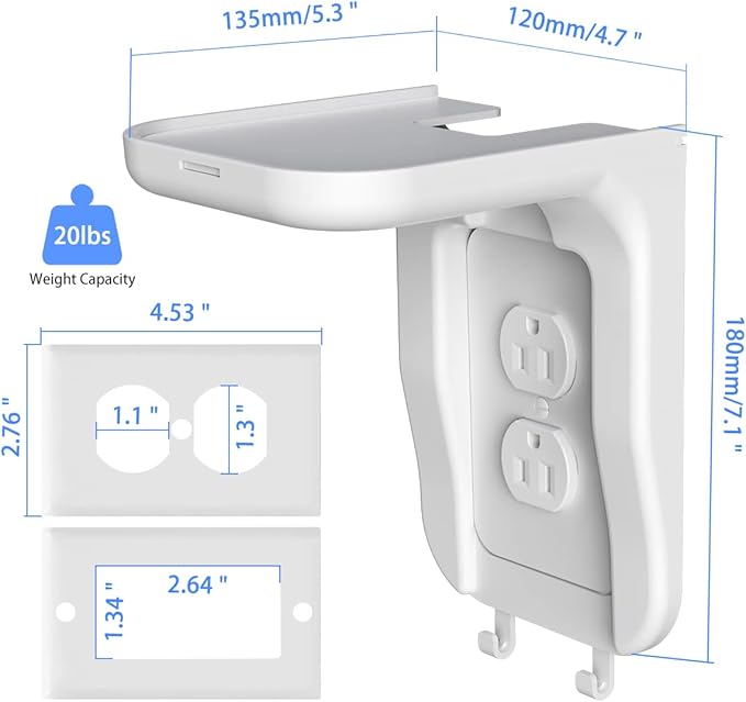 Suptek Wall Outlet Shelf 3 Pack,Home Wall Shelf Organizer for Outlets,Perfect for Bathroom,Kitchen, Bedrooms,Hold Cell Phone,Speaker up to 20lbs,with Cable Management and Detachable Hooks,White(S3W3)