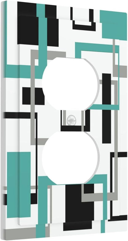 Geometric Turquoise Black Gray Modern Abstract Boho Outlet Covers 1 Gang Duplex Light Switch Cover Decorative Switch Plates Electrical Receptacle Faceplate Wall Plate for Office Nursery Decor