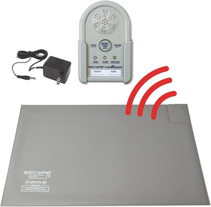 Secure Wireless Floor Mat Bed Alarm for Seniors - Wireless Alarm Monitor, Floor Mat Sensor, Transmitter, Power Adapter - No Noise in Patient Room - Fall &Wandering Prevention for Elderly Dementia