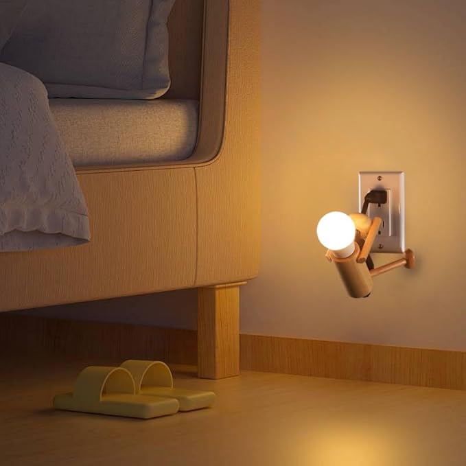 Wooden Night‑Light Desk Lamp – ‘Climber’ Stick‑Figure décor by HMC, Shatterproof LED Bulb, Plug‑in for Outlet, Cool Kid Room or Dorm Table Light