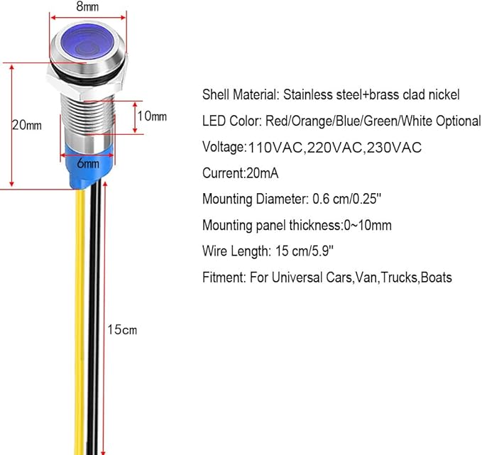10pcs 6mm LED Metal Indicator Light 110V-220VAC Waterproof Signal Lamp (Blue)