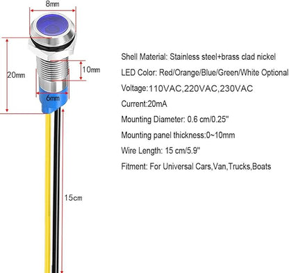 10Pcs 6mm 110V-220VAC LED Metal Indicator Light Waterproof Signal Lamp (Green/Orange/Red/Blue/White,Each 2pcs)