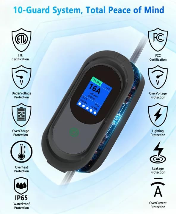 Level 1&2 EV Charger 8-16A Adjustable Current & Timer,110-240V,Nema 5-15 & 6-20 Plug,Electric Car Charger with 17ft Cable,Portable EV Chargers for All SAE J1772 Evs