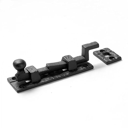 Renovators Supply Manufacturing Black Offset Slide Bolt Door Latch 4" Long Wrought Iron Metal Surface Sliding Bolts with Catch for Cabinet Doors Easy Install Lock with Mounting Hardware Pack of 4