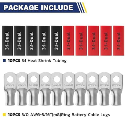 haisstronica 10pcs 3/0 AWG - 5/16"(M8) Tinned Copper Battery Lugs, Heavy Duty Wire Lugs with 10pcs 3:1 Adhesive Heat Shrink Tubing, 000 Gauge Wire Lugs, Tinned Copper Battery Cable Ends