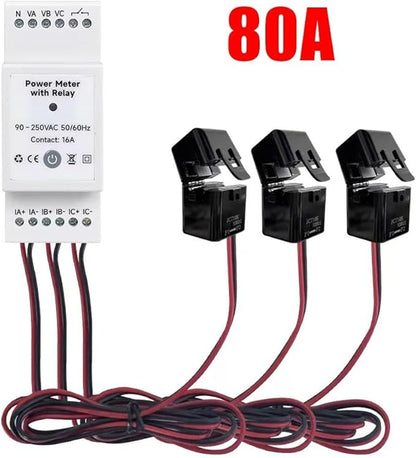 Smart 3‑Phase Din Rail Energy Meter With Clamps,Voltage And Current Monitor For Tuya App Control,Solar Power Consumption And Production Tracking,Overload Protection(80A)