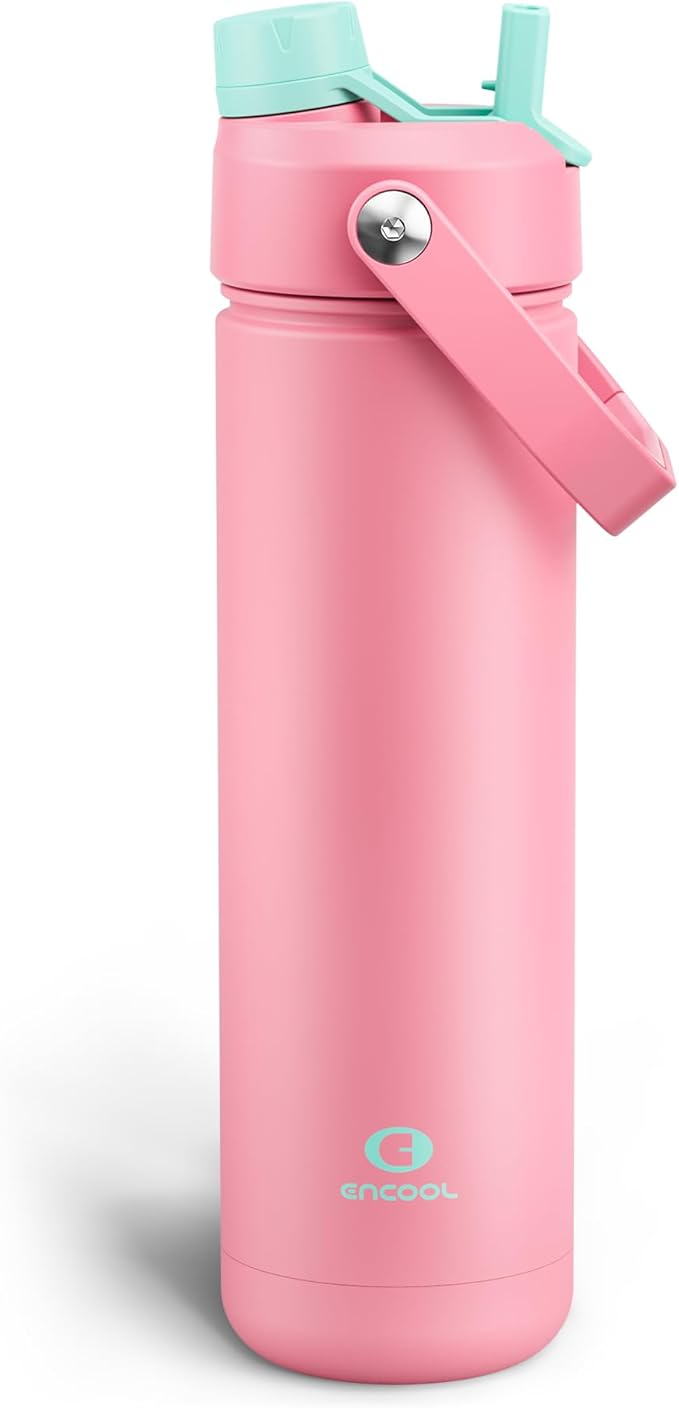ENCOOL Insulated Water Bottle with Straw Stainless Steel Water Bottle, Leak-Proof, BPA-Free, Double Wall Vacuum Keeps Cold for 24 Hours for Sports, Travel, School (26 oz, Tulip)