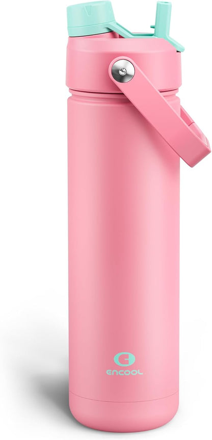ENCOOL Insulated Water Bottle with Straw Stainless Steel Water Bottle, Leak-Proof, BPA-Free, Double Wall Vacuum Keeps Cold for 24 Hours for Sports, Travel, School (26 oz, Tulip)