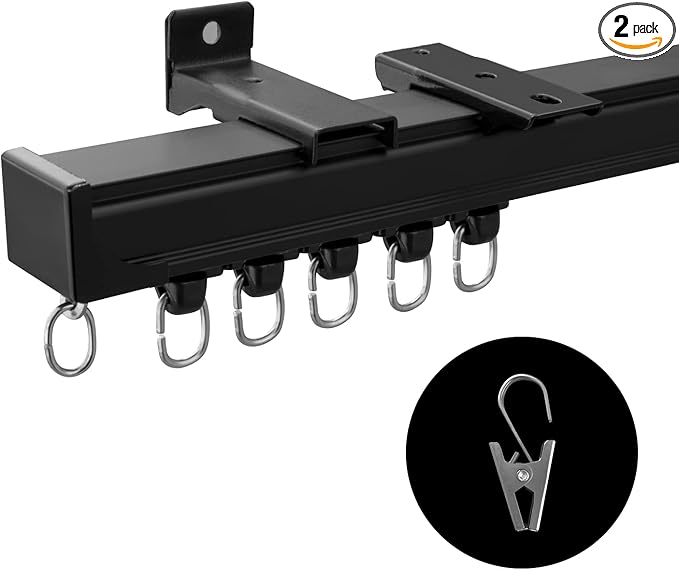 Ceiling Curtain Track Ceiling and Wall Mounted Heavy-Duty Curtains Rails Room Divider Curtains Shower RV Tracks Ceiling Sliding Curtain Rods With Clips,Black 6ft.