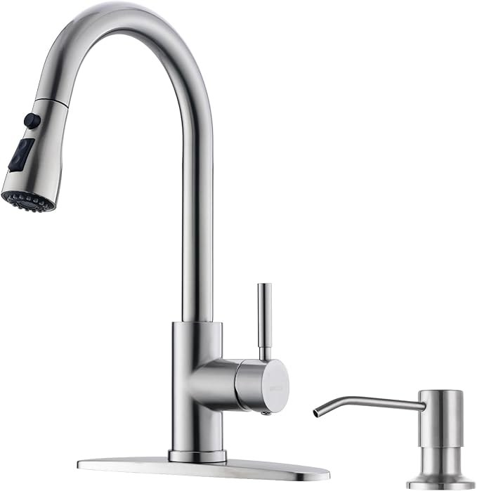 WEWE Kitchen Sink Faucet with Soap Dispenser, Kitchen Faucet with Pull Down Sprayer 3 Modes Stainless Steel Single Handle Single Hole Pull Out Brushed Nickel Faucet for Bar Laundry RV Utility Sink