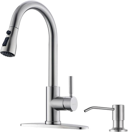 WEWE Kitchen Sink Faucet with Soap Dispenser, Kitchen Faucet with Pull Down Sprayer 3 Modes Stainless Steel Single Handle Single Hole Pull Out Brushed Nickel Faucet for Bar Laundry RV Utility Sink