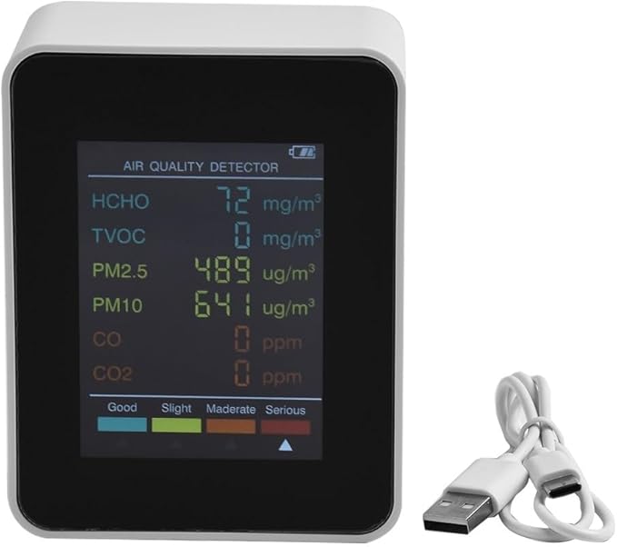 6 in 1 Air Quality Monitor PM2.5 PM10 HCHO Formaldehyde Detector Temperature Humidity Meter with Color Display Portable Indoor Air Tester