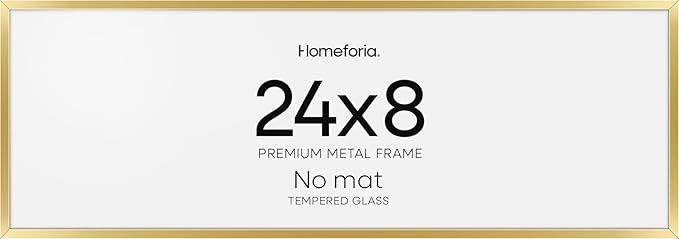 Homeforia 8x24 Panoramic Frame Gold, High End Metal 8 x 24 Picture Frames without Mat, 24x8 Hanging Gold Poster Frames for Wall, 8 by 24 inches Display Photo Frames, Tempered Glass, Wall Kit, Set of 1