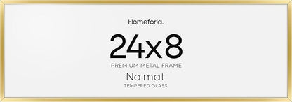 Homeforia 8x24 Panoramic Frame Gold, High End Metal 8 x 24 Picture Frames without Mat, 24x8 Hanging Gold Poster Frames for Wall, 8 by 24 inches Display Photo Frames, Tempered Glass, Wall Kit, Set of 1