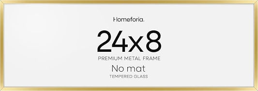 Homeforia 8x24 Panoramic Frame Gold, High End Metal 8 x 24 Picture Frames without Mat, 24x8 Hanging Gold Poster Frames for Wall, 8 by 24 inches Display Photo Frames, Tempered Glass, Wall Kit, Set of 1