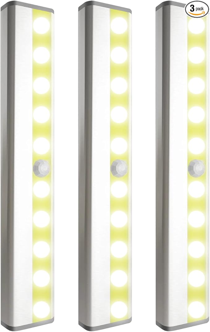 Cabinet Lighting 10 LED Closet Light, Motion Sensor Lights Indoor Dimmable Wireless Stick-on Night Light Bar for Kitchen, Wardrobe, Garage, Stairs, Bedroom (3 Packs)