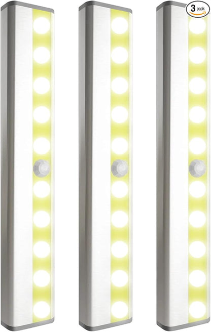 Cabinet Lighting 10 LED Closet Light, Motion Sensor Lights Indoor Dimmable Wireless Stick-on Night Light Bar for Kitchen, Wardrobe, Garage, Stairs, Bedroom (3 Packs)