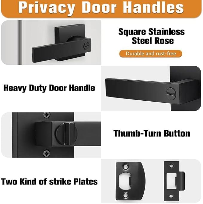 Probrico Interior Black Door Handle, Heavy Duty, Flat Square Privacy Door Handles, Keyless Door Levers Lockset for Bedroom and Bathroom (2 Pack, Modern)