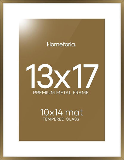 Homeforia 13x17 Picture Frame Bronze, High End Metal 13x17 Brass Poster Frames with Mat 10x14 Photo, 13 x 17 Frame Matted to 10 by 14 inch Print, 17by13 Thin Frames, Tempered Glass, Wall Kit, Set of 1