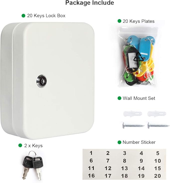 Jssmst Key Lock Box Wall Mount Security Key Storage Box, Locking Key Cabinet Wall Mount with 20 Key Hooks & Tags Key Labels, 7.87 x 6.3 x 2.95 inches, White Matt