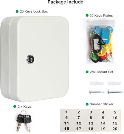 Jssmst Key Lock Box Wall Mount Security Key Storage Box, Locking Key Cabinet Wall Mount with 20 Key Hooks & Tags Key Labels, 7.87 x 6.3 x 2.95 inches, White Matt