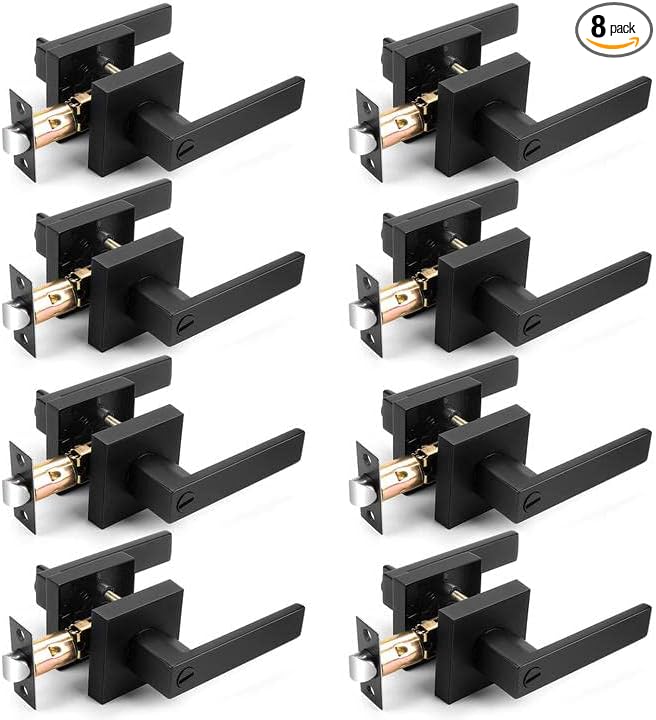 Probrico Interior Black Door Handle, Heavy Duty, Flat Square Privacy Door Handles, Keyless Door Levers Lockset for Bedroom and Bathroom (8 Pack, Modern)